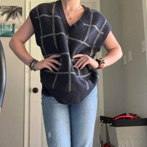Women's V-Neck Sweater Vest Plaid Check‎ Sleeveless Knit Top MEDIUM
